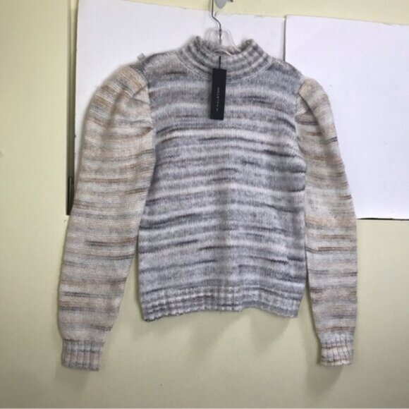 HALSTON NEW Puff Sleeve Sweater Chunky Knit Striped Mock Neck Cozy Wool Blend S - Picture 2 of 12